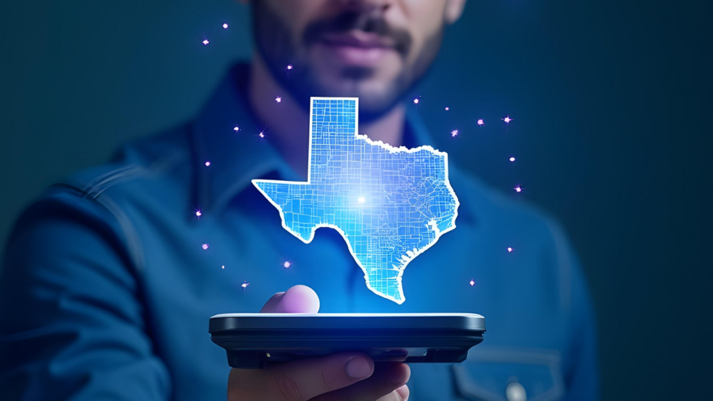 A man in a blue shirt holds a smartphone in his outstretched hand. Above the phone, a glowing digital hologram of the state of Texas floats in the air, segmented with county lines. The central area, representing Houston, is illuminated. Small sparkling digital lights surround the hologram, giving it a high-tech and futuristic look. The image visually represents advanced connectivity or digital services in Texas, with a focus on Internet providers in Houston.
