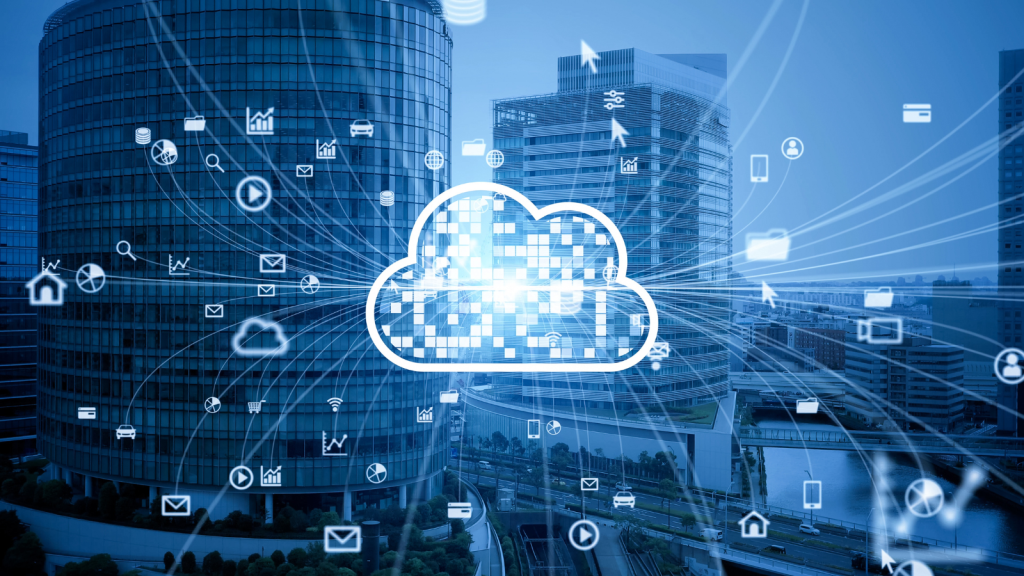 Digital illustration of a glowing cloud icon at the center of a cityscape, surrounded by multiple icons representing emails, files, video calls, charts, and mobile devices. White lines connect these icons to the cloud, symbolizing the seamless integration of cloud communications across various technologies and business platforms.