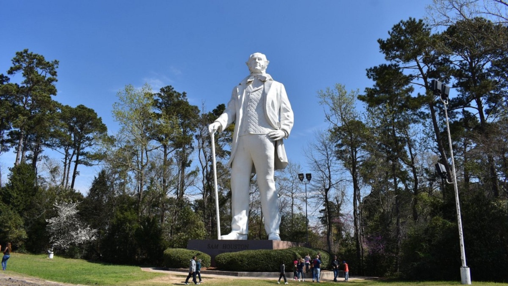 A towering white statue of a historical figure stands against a backdrop of tall trees and a clear blue sky in Houston, Texas. The scene represents the city's rich history, while modern infrastructure, including internet providers in Houston, continues to support the region's digital growth and connectivity.