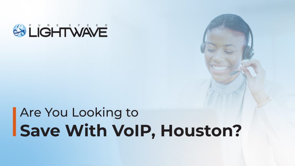 VoIP Houston promotional banner featuring a smiling customer service representative wearing a headset with text about saving money with VoIP.