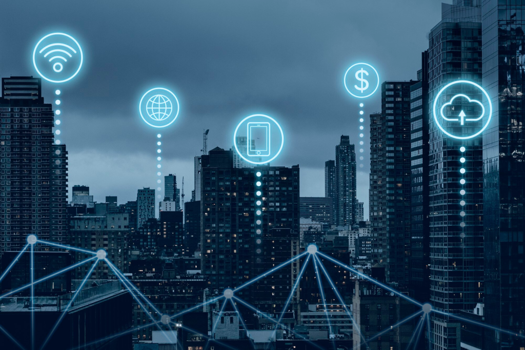 VoIP Houston concept showing a city skyline with digital network icons representing cloud communication, internet connectivity, and cost savings.