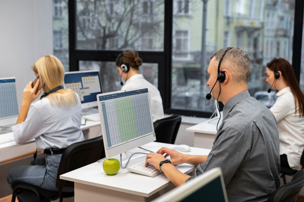 VoIP Houston office environment with multiple call center agents wearing headsets and working on computers handling business communications