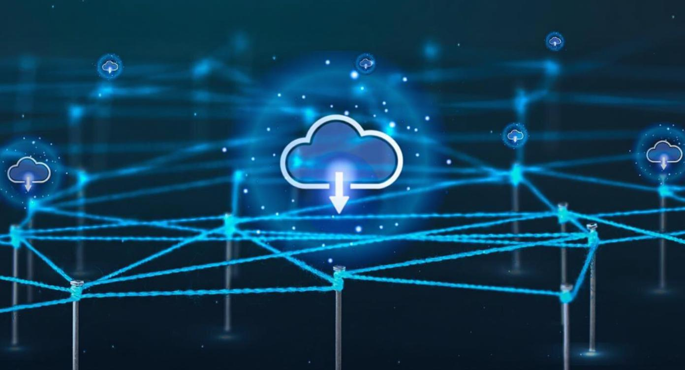 Abstract cloud icons connected by glowing lines, symbolizing integration across multiple cloud environments.
