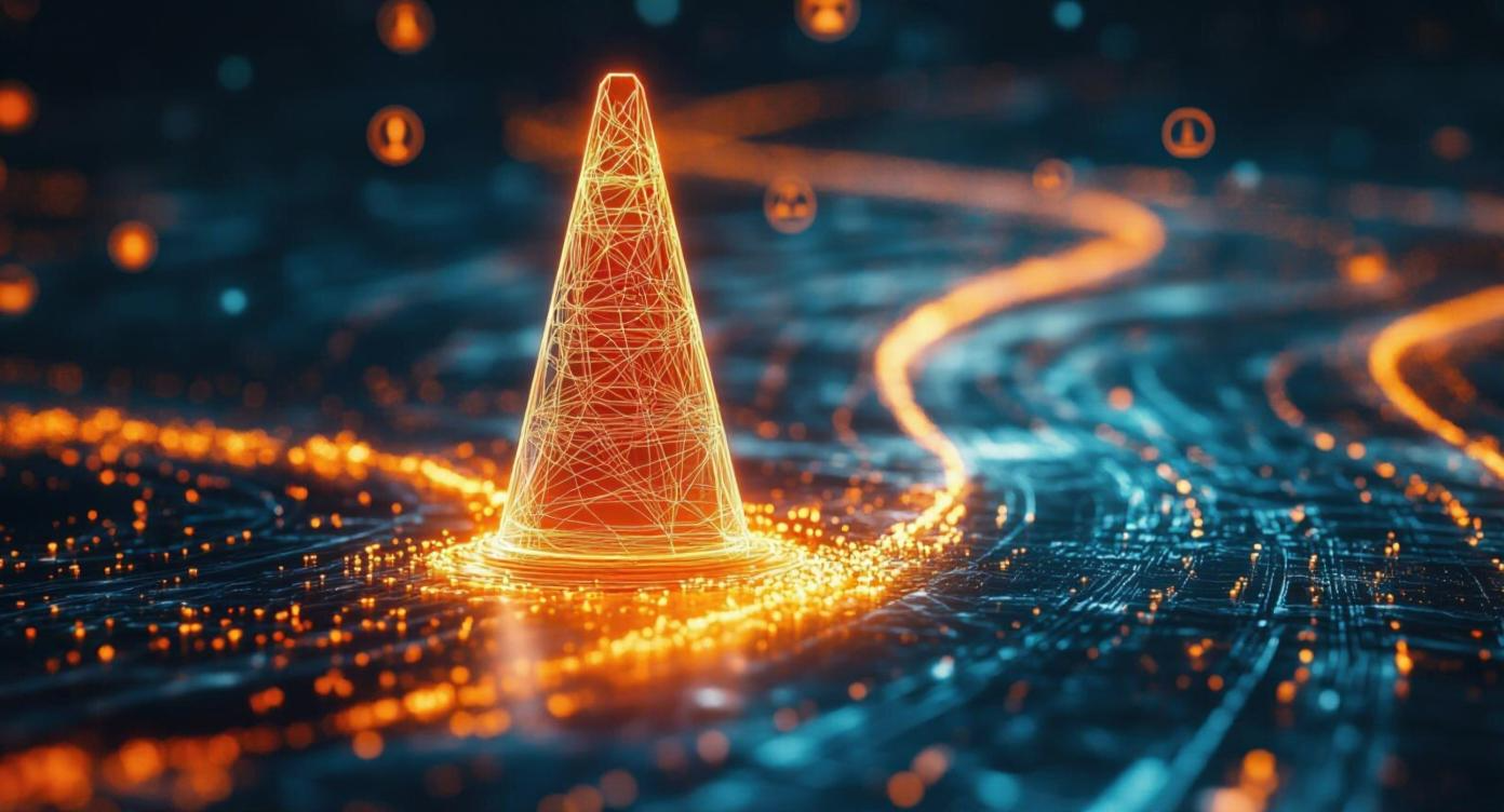Glowing digital traffic cone on a data path, symbolizing common issues like siloed data storage and challenges with adopting new technologies.