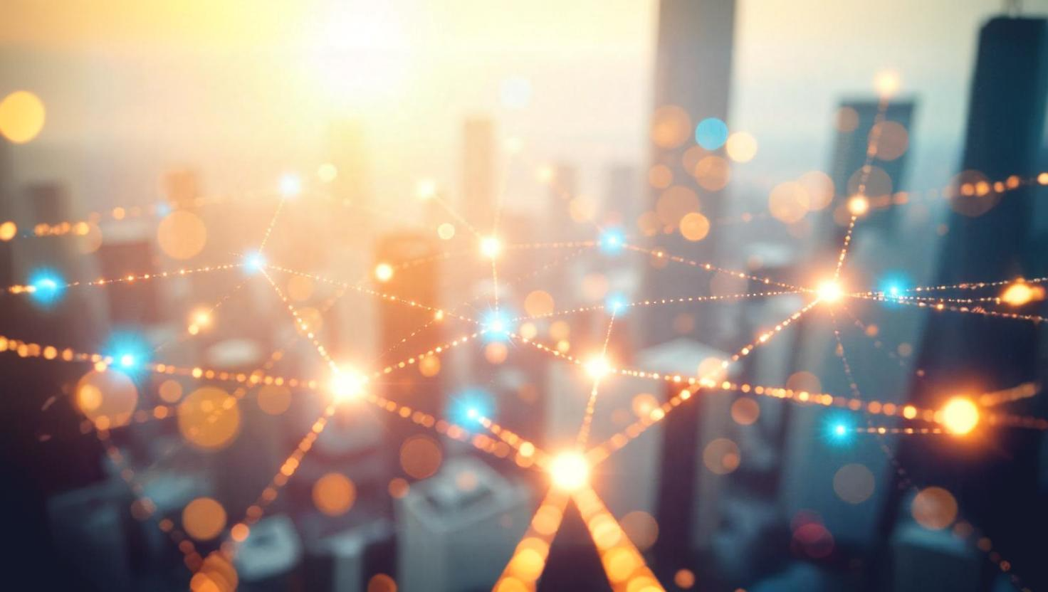 Abstract network connections over a city skyline representing Fiber Optic Internet Houston delivering fast, reliable data across urban infrastructure.