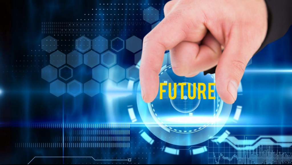 Hand interacting with a digital interface labeled “future,” representing innovation powered by Fiber Optic Internet Houston and advanced connectivity solutions.