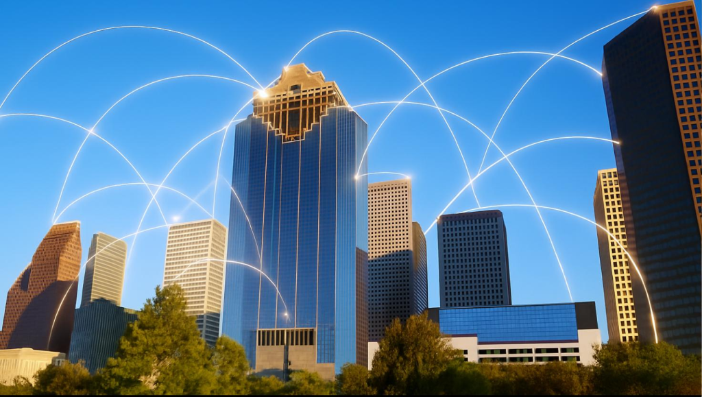 Houston skyline with digital connection lines linking buildings, symbolizing Fiber Optic Internet Houston enabling seamless communication across the city.