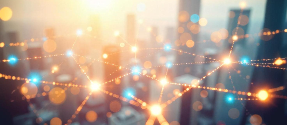 Abstract network connections over a city skyline representing Fiber Optic Internet Houston delivering fast, reliable data across urban infrastructure.