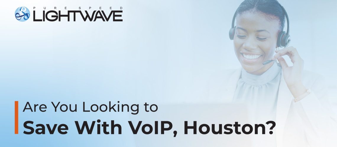 VoIP Houston promotional banner featuring a smiling customer service representative wearing a headset with text about saving money with VoIP.