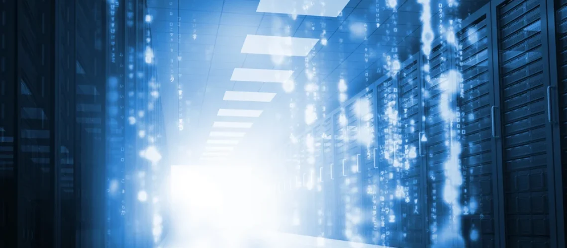 Glowing-blue-matrix-falling-in-data-center
