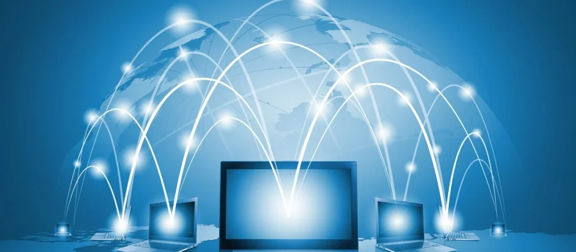 Laptops-against-globe-blue-illustration