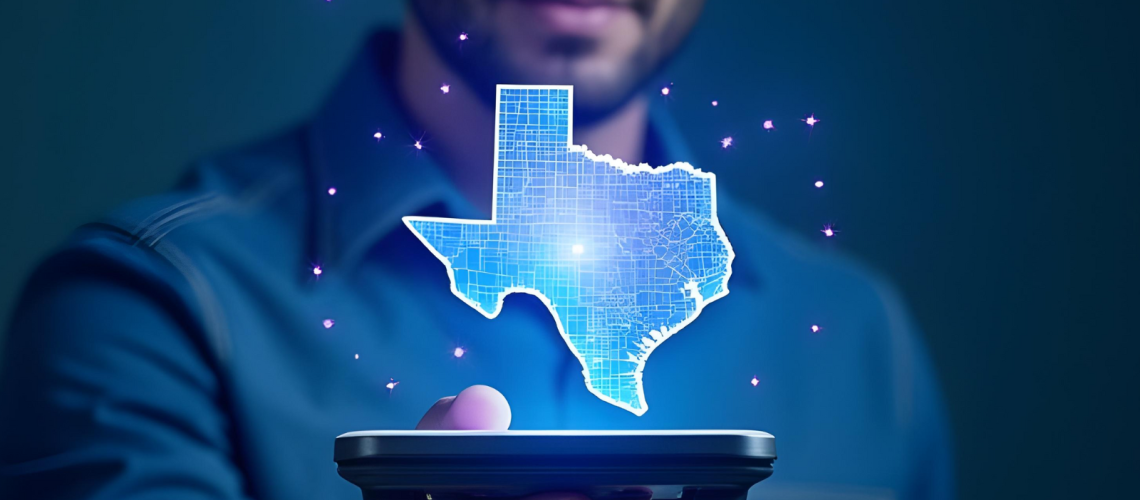A man in a blue shirt holds a smartphone in his outstretched hand. Above the phone, a glowing digital hologram of the state of Texas floats in the air, segmented with county lines. The central area, representing Houston, is illuminated. Small sparkling digital lights surround the hologram, giving it a high-tech and futuristic look. The image visually represents advanced connectivity or digital services in Texas, with a focus on Internet providers in Houston.