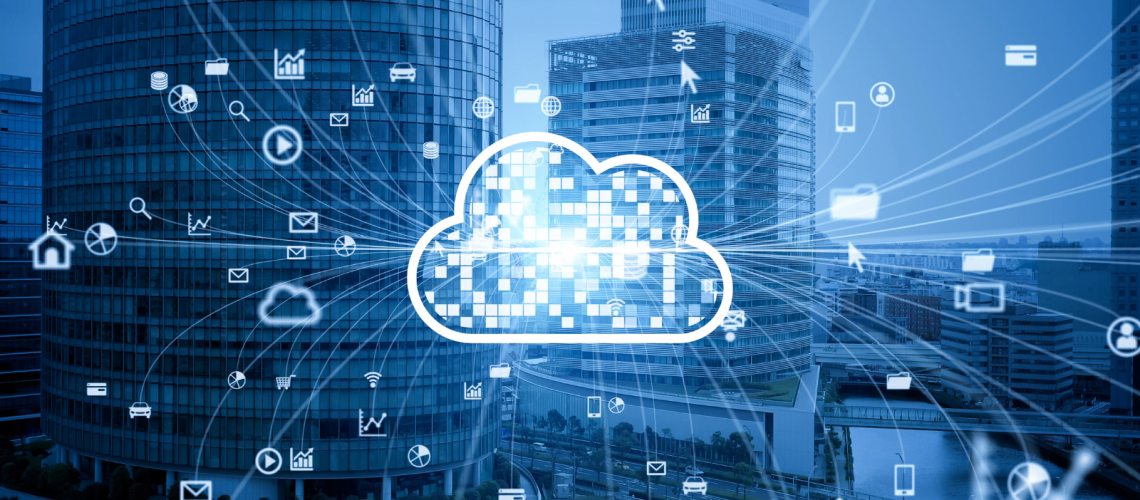 Digital illustration of a glowing cloud icon at the center of a cityscape, surrounded by multiple icons representing emails, files, video calls, charts, and mobile devices. White lines connect these icons to the cloud, symbolizing the seamless integration of cloud communications across various technologies and business platforms.